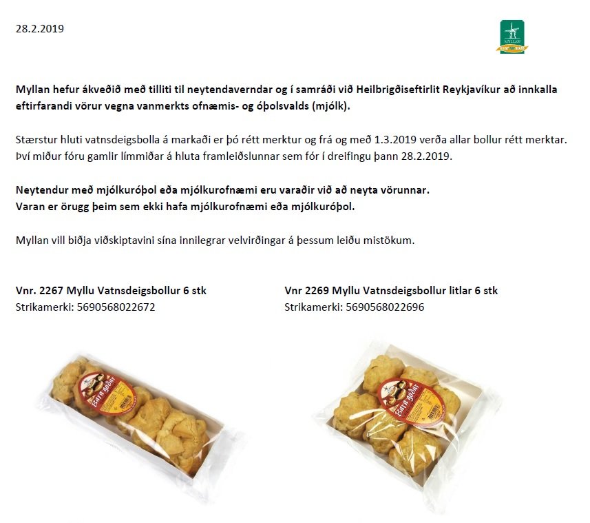 Innköllun-ómerkt mjólk í vatnsdeigsbollum