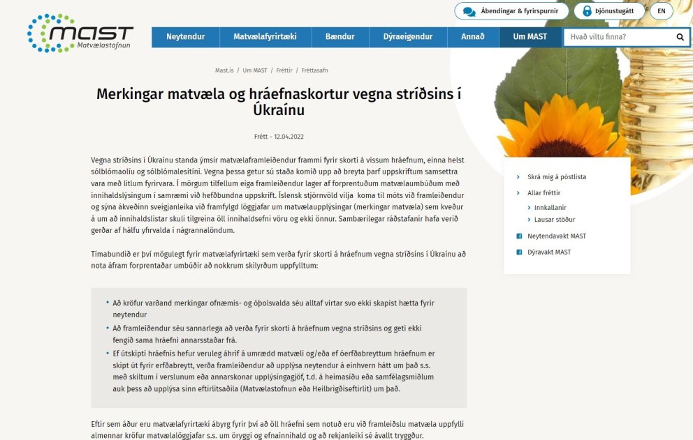 Merkingar matvæla og hráefnaskortur vegna stríðsins í Úkraínu