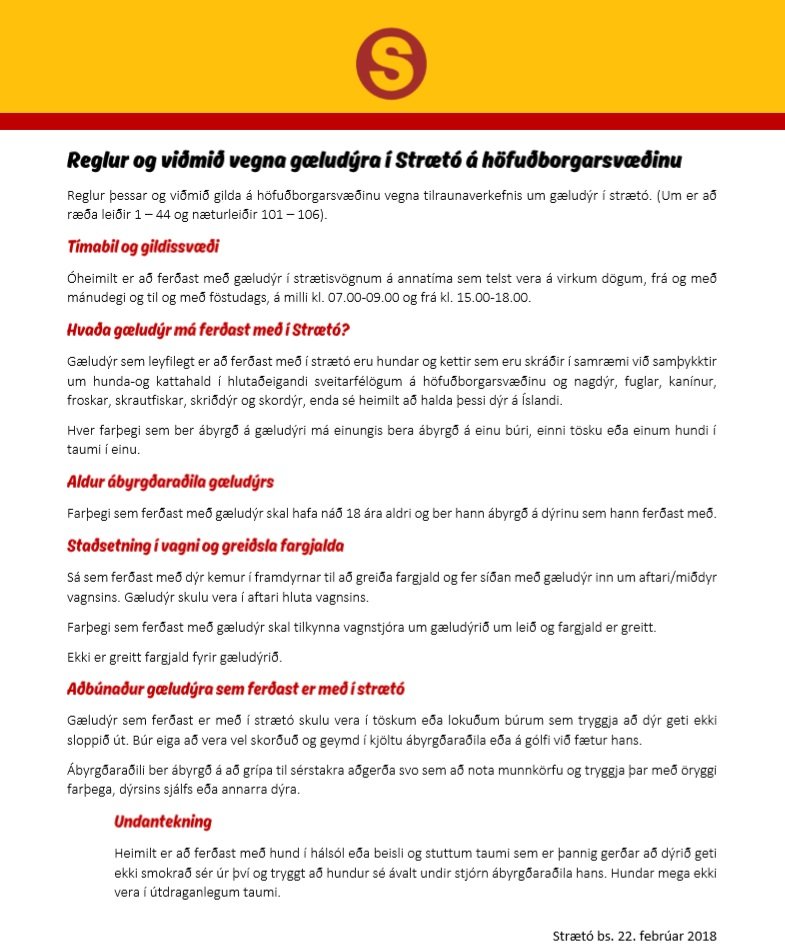 Reglur og viðmið vegna gæludýra í Strætó á höfuðborgarsvæðinu