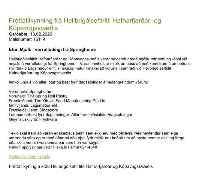 Innköllunarfrétt -Ómerkt mjólk í vorrúlludeigi