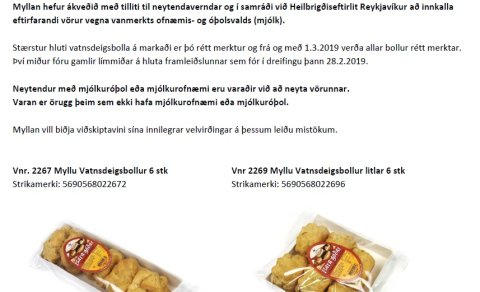 Innköllun-ómerkt mjólk í vatnsdeigsbollum