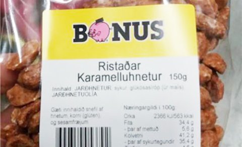 Ómerkt egg og lúpína í Bónus ristuðum karamelluhnetum